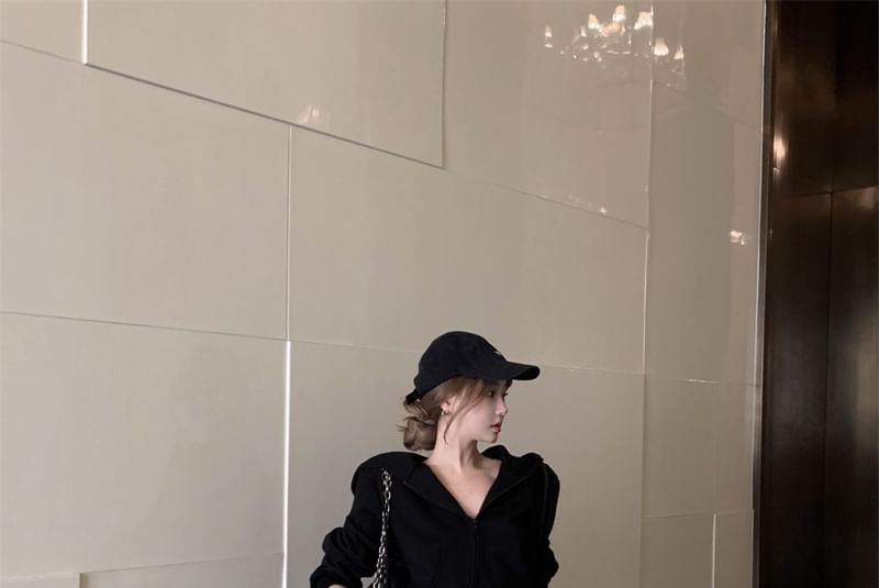 Plain Drawstring Crop Zip Hoodie / High Rise Two Tone Bootcut Sweatpants