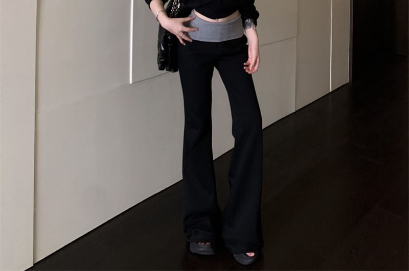 Plain Drawstring Crop Zip Hoodie / High Rise Two Tone Bootcut Sweatpants