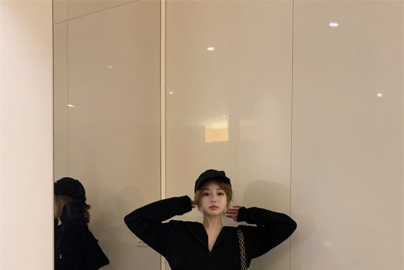 Plain Drawstring Crop Zip Hoodie / High Rise Two Tone Bootcut Sweatpants