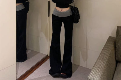 Plain Drawstring Crop Zip Hoodie / High Rise Two Tone Bootcut Sweatpants