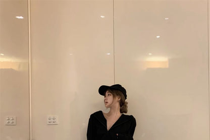 Plain Drawstring Crop Zip Hoodie / High Rise Two Tone Bootcut Sweatpants