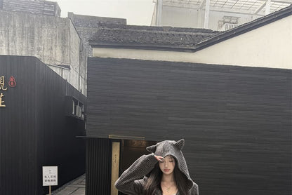 Striped Devil Horn Accent Crop Zip Hoodie / Drawstring Waist Bootcut Sweatpants