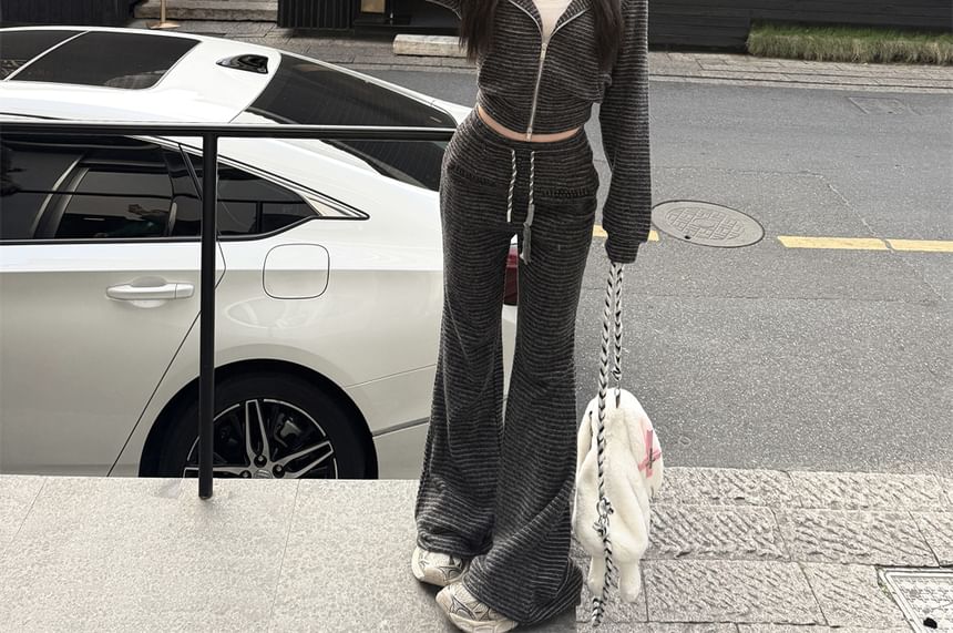 Striped Devil Horn Accent Crop Zip Hoodie / Drawstring Waist Bootcut Sweatpants