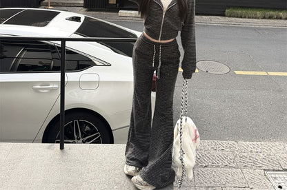 Striped Devil Horn Accent Crop Zip Hoodie / Drawstring Waist Bootcut Sweatpants