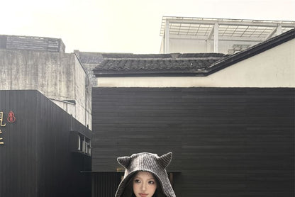 Striped Devil Horn Accent Crop Zip Hoodie / Drawstring Waist Bootcut Sweatpants