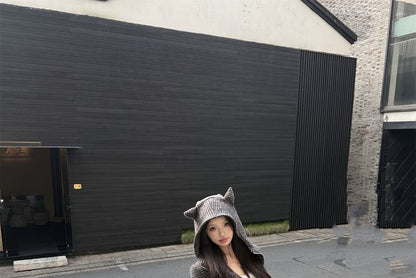 Striped Devil Horn Accent Crop Zip Hoodie / Drawstring Waist Bootcut Sweatpants