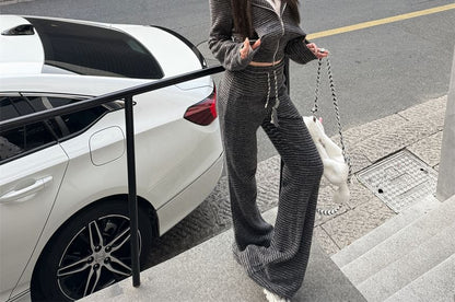 Striped Devil Horn Accent Crop Zip Hoodie / Drawstring Waist Bootcut Sweatpants