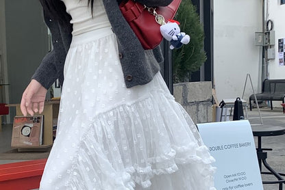 High Rise Floral Ruffle Asymmetrical Maxi A-Line Skirt