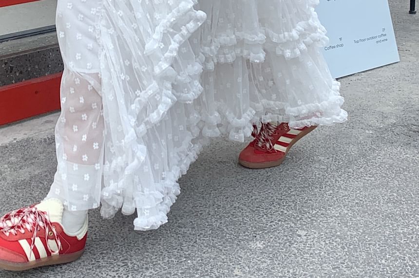 High Rise Floral Ruffle Asymmetrical Maxi A-Line Skirt