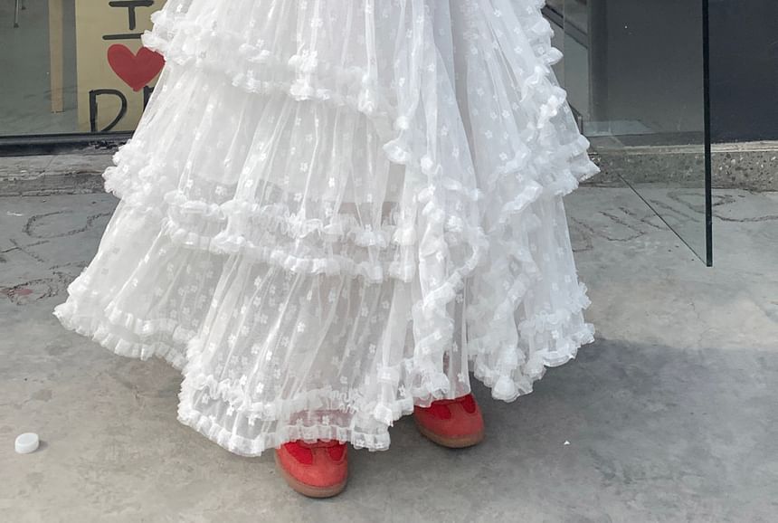 High Rise Floral Ruffle Asymmetrical Maxi A-Line Skirt