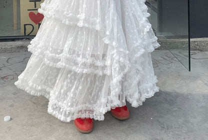 High Rise Floral Ruffle Asymmetrical Maxi A-Line Skirt