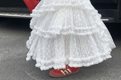 High Rise Floral Ruffle Asymmetrical Maxi A-Line Skirt