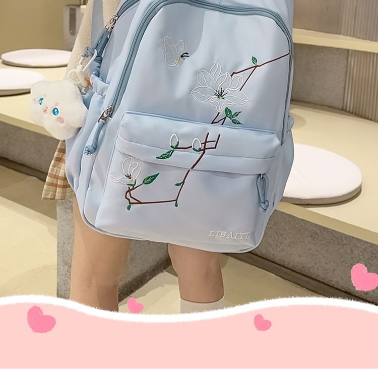 Floral Embroidered Nylon Laptop Backpack / Bag Charm / Set