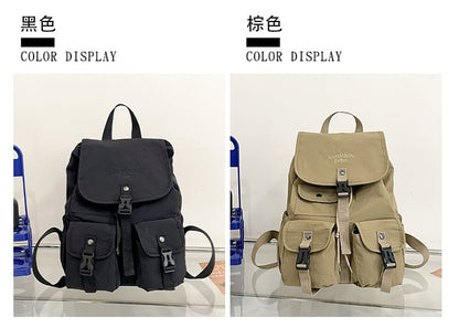 Lettering Embroidered Buckled Nylon Flap Backpack