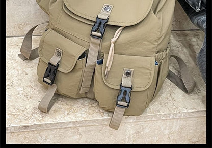 Lettering Embroidered Buckled Nylon Flap Backpack