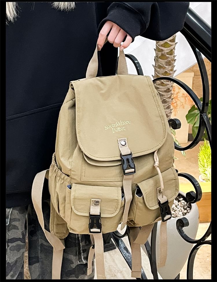 Lettering Embroidered Buckled Nylon Flap Backpack