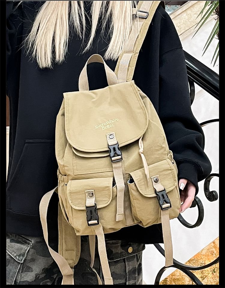 Lettering Embroidered Buckled Nylon Flap Backpack