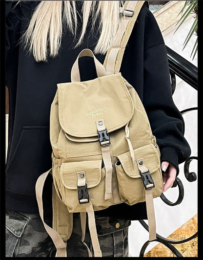 Lettering Embroidered Buckled Nylon Flap Backpack