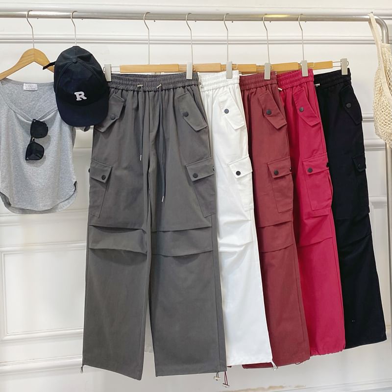 High Waist Plain Wide Leg Cargo Pants