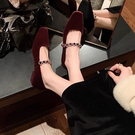 Low Heel Rhinestone Accent Velvet Mary Jane Pumps