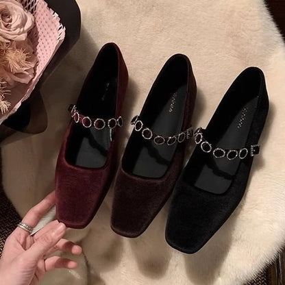 Low Heel Rhinestone Accent Velvet Mary Jane Pumps
