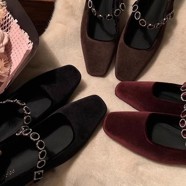 Low Heel Rhinestone Accent Velvet Mary Jane Pumps