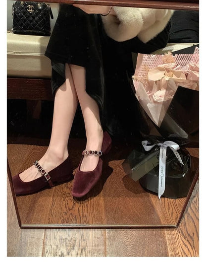 Low Heel Rhinestone Accent Velvet Mary Jane Pumps
