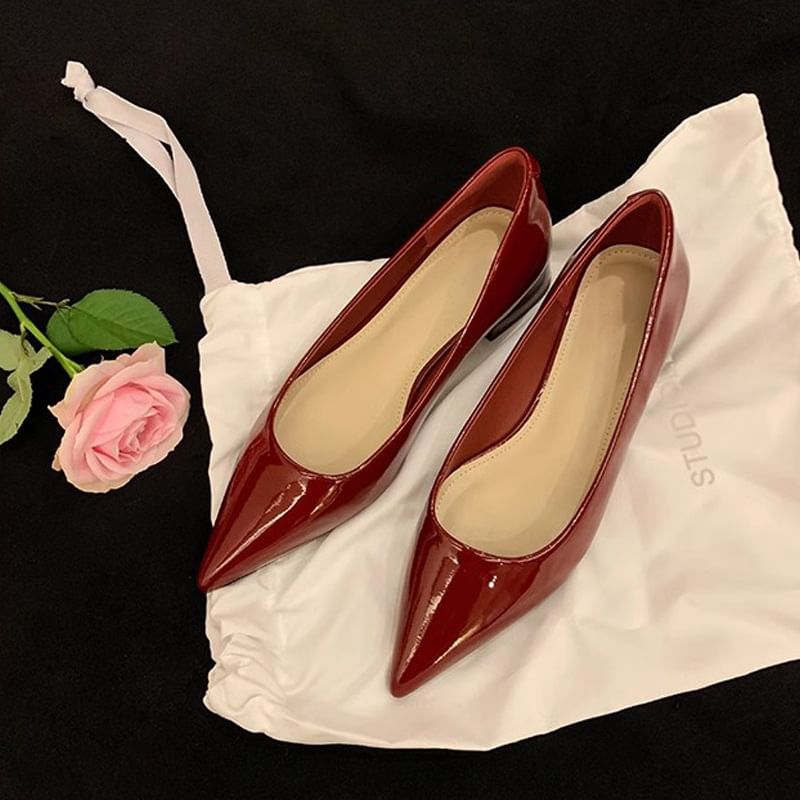 Chunky Heel Pointed Toe Plain Faux Leather Pumps
