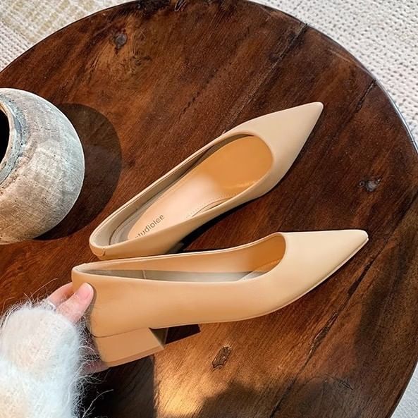 Chunky Heel Pointed Toe Plain Faux Leather Pumps