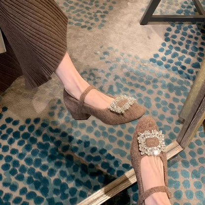 Chunky Heel Rhinestone Accent Mary Jane Pumps