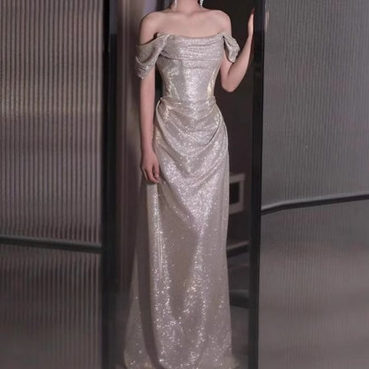 Sleeveless Off Shoulder Plain Glitter Ruched Sheath Evening Gown