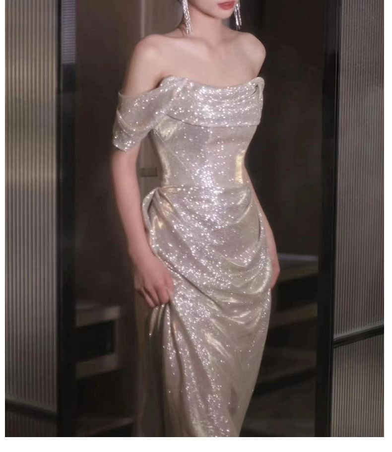 Sleeveless Off Shoulder Plain Glitter Ruched Sheath Evening Gown