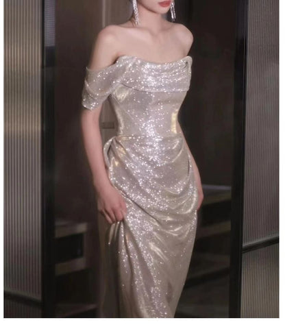 Sleeveless Off Shoulder Plain Glitter Ruched Sheath Evening Gown
