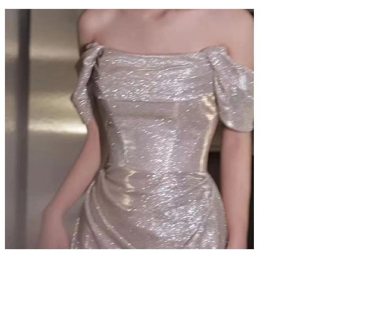 Sleeveless Off Shoulder Plain Glitter Ruched Sheath Evening Gown