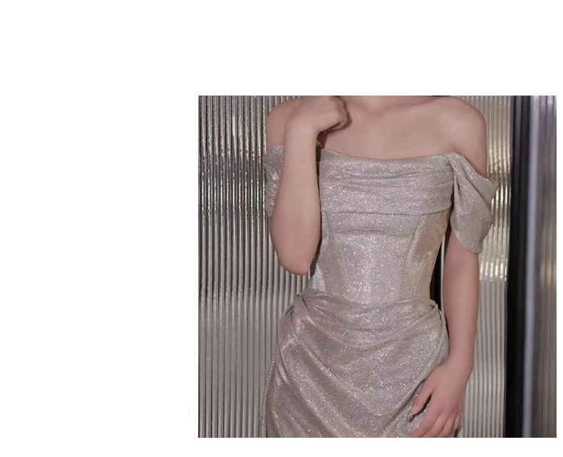 Sleeveless Off Shoulder Plain Glitter Ruched Sheath Evening Gown
