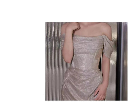 Sleeveless Off Shoulder Plain Glitter Ruched Sheath Evening Gown