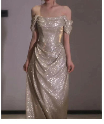 Sleeveless Off Shoulder Plain Glitter Ruched Sheath Evening Gown