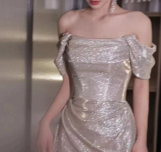 Sleeveless Off Shoulder Plain Glitter Ruched Sheath Evening Gown