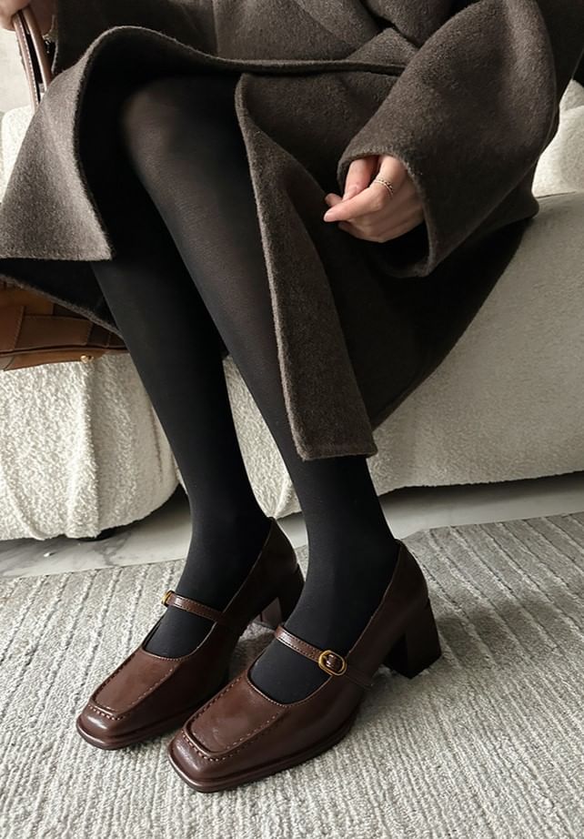 Pumps Mary Faux Plain Jane Toe Square Leather Heel Chunky