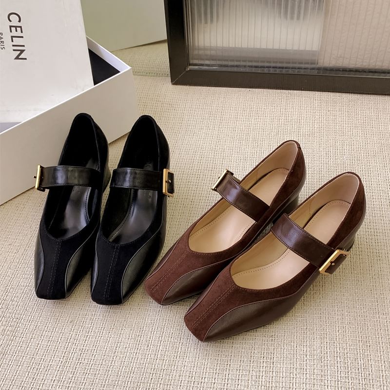 Pumps Jane Chunky Faux Panel Buckled Heel Mary Plain Leather