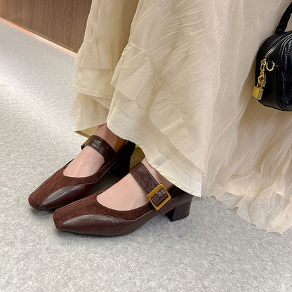Pumps Jane Chunky Faux Panel Buckled Heel Mary Plain Leather
