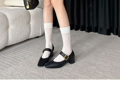 Pumps Jane Chunky Faux Panel Buckled Heel Mary Plain Leather