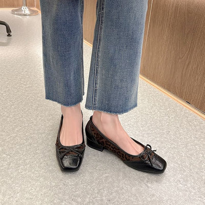 Accent Heel Pumps Low Bow Faux Leopard Print Panel Leather Brogue