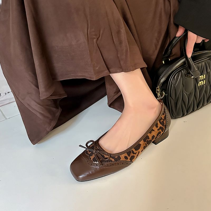 Accent Heel Pumps Low Bow Faux Leopard Print Panel Leather Brogue
