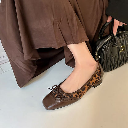 Accent Heel Pumps Low Bow Faux Leopard Print Panel Leather Brogue