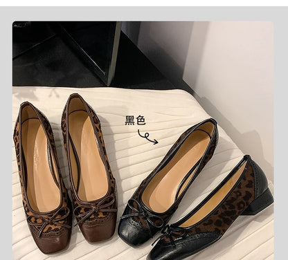 Accent Heel Pumps Low Bow Faux Leopard Print Panel Leather Brogue