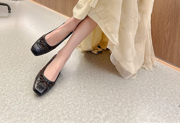 Accent Heel Pumps Low Bow Faux Leopard Print Panel Leather Brogue