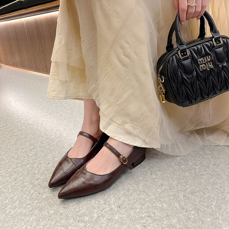 Leather Low Pointed Heel Buckled Plain Mary Jane Faux Toe Pumps