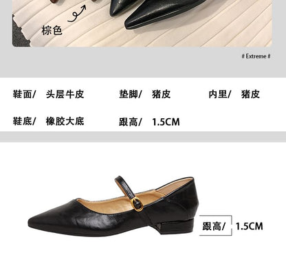 Leather Low Pointed Heel Buckled Plain Mary Jane Faux Toe Pumps
