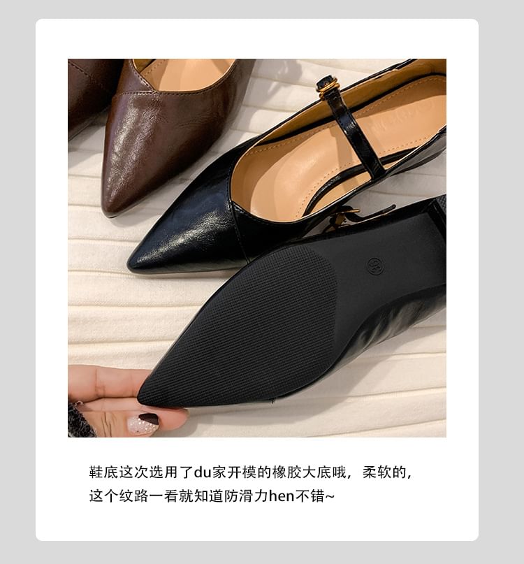 Leather Low Pointed Heel Buckled Plain Mary Jane Faux Toe Pumps